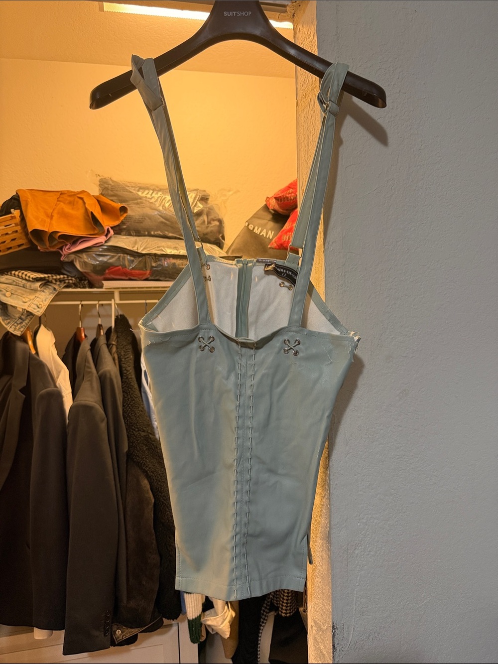 Light Blue Leather Corset dress with Adjustable Straps.
